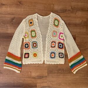 Granny Square NWOT Open Front Cardigan Sweater with Bell Sleeves Cream Sz XL